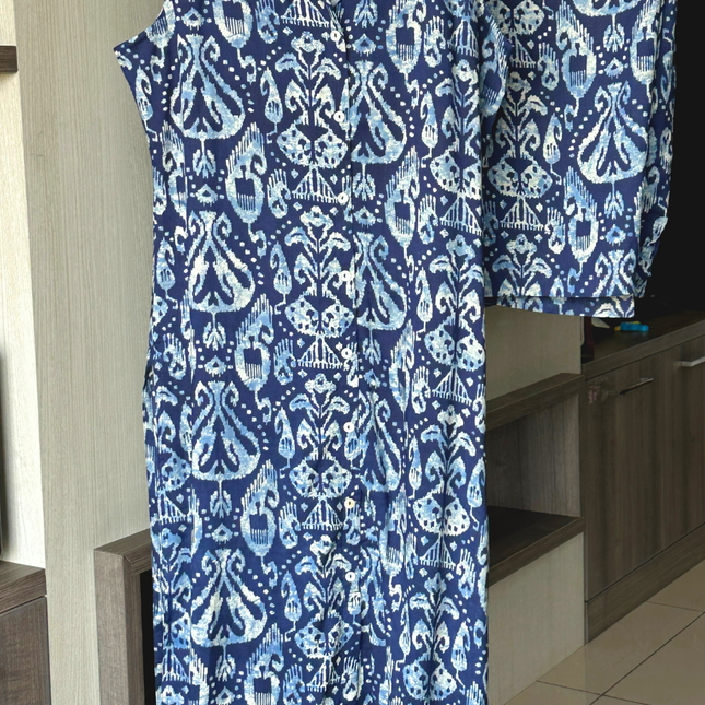 Indigo Cotton Collared Co-ord Set (Attached Sleeves)