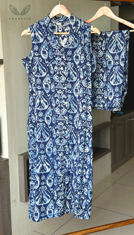 Indigo Cotton Collared Co-ord Set (Attached Sleeves)
