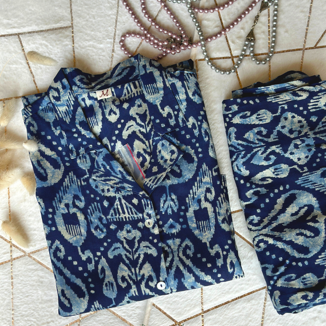 Indigo Cotton Collared Co-ord Set (Attached Sleeves)