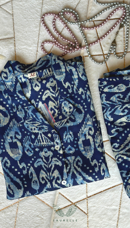 Indigo Cotton Collared Co-ord Set (Attached Sleeves)
