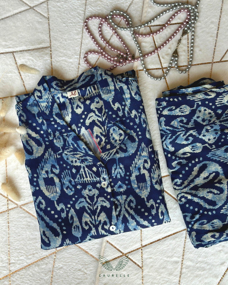Indigo Cotton Collared Co-ord Set (Attached Sleeves)