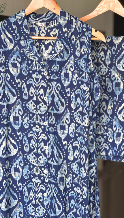 Indigo Cotton Collared Co-ord Set (Attached Sleeves)