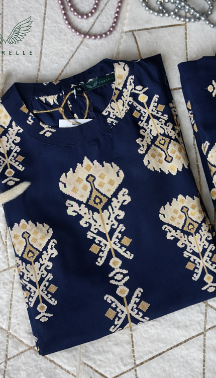 Deep Navy Muslin Co-ord Set (Attached Sleeves)