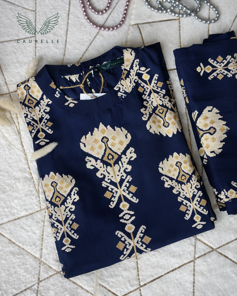 Deep Navy Muslin Co-ord Set (Attached Sleeves)