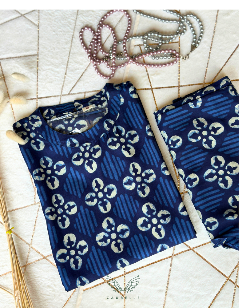 Navy Bloom Cotton Co-ord Set (Attached Sleeves)