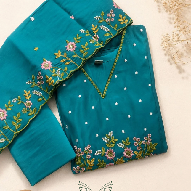 Aqua Bloom Embroidered Kurta Set