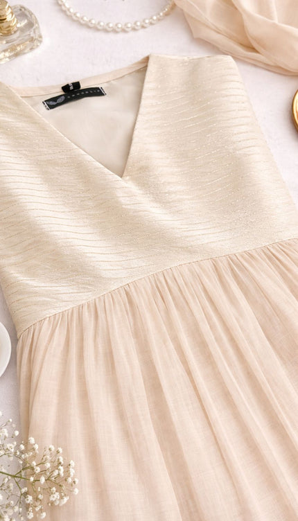 Soft Beige Striped Festive Dress